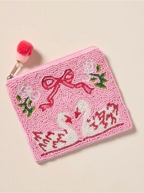 nwot pink swan + bow zipper beaded pouch
